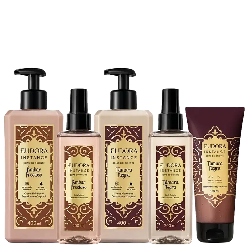 Conjunto Eudora Instance com cinco produtos: dois hidratantes corporais 400ml (Âmbar Precioso e Tâmara Negra), dois body splash 200ml nos mesmos aromas, e sabonete líquido 180ml. Embalagens em tons bege, creme e marrom com detalhes dourados e ornamentais.