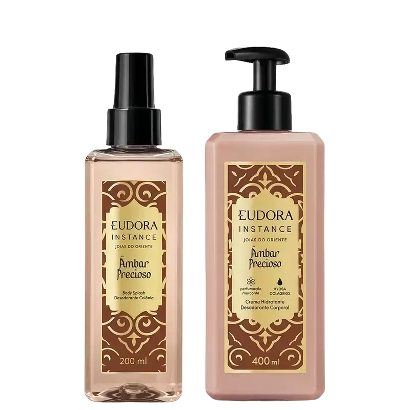 Dois produtos Eudora Instance Âmbar Precioso: Body Splash 200ml com spray e Creme Hidratante Desodorante Corporal 400ml com pump. Frascos em tons bege e rosa com rótulos dourados e marrom, design ornamental.