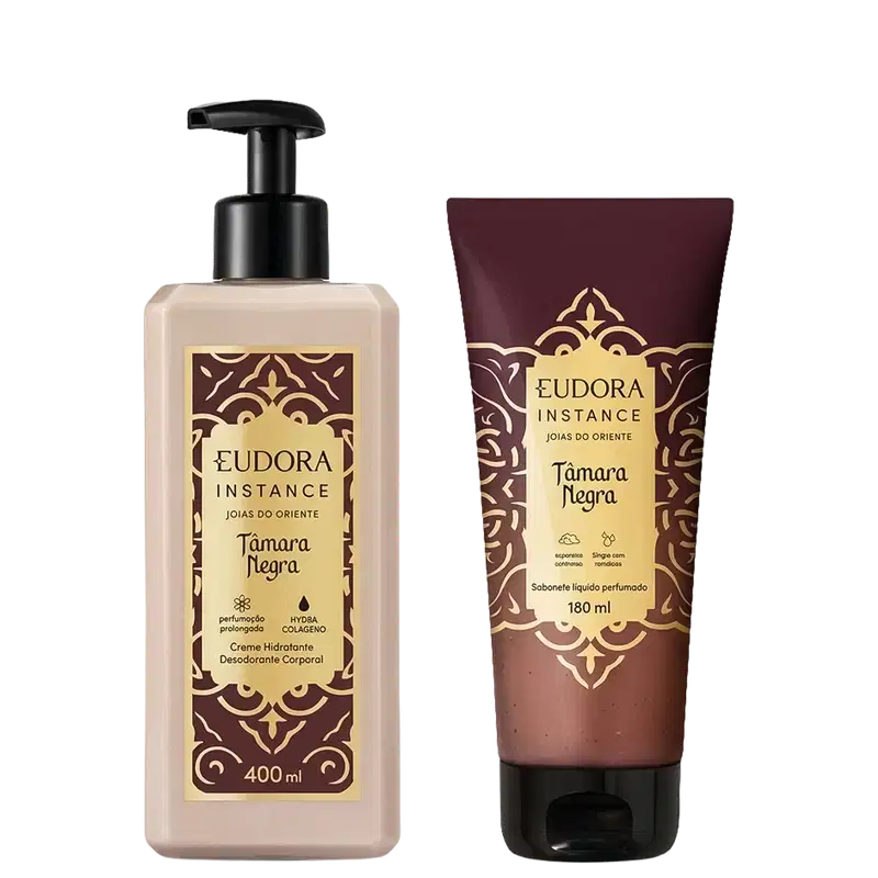 Dois produtos Eudora Instance Tâmara Negra: creme hidratante desodorante corporal 400ml em frasco bege com bomba preta, e sabonete líquido perfumado 180ml em tubo marrom. Ambos com rótulos dourados e marrom-escuro.