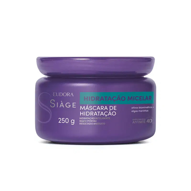 Máscara de hidratação micelar da linha Siàge em embalagem plástica roxa, arredondada, com tampa de girar. Rótulo informando os benefícios do produto, como hidratação inteligente e raiz e pontas.