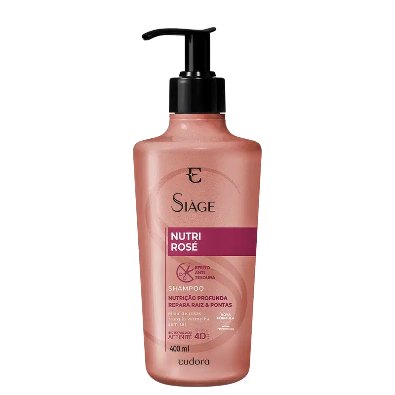 Frasco tipo pump do Shampoo da linha Nutri Rosé, com bomba dosadora preta e rótulo rosa com detalhes em vermelho, contendo informações sobre os benefícios do produto.