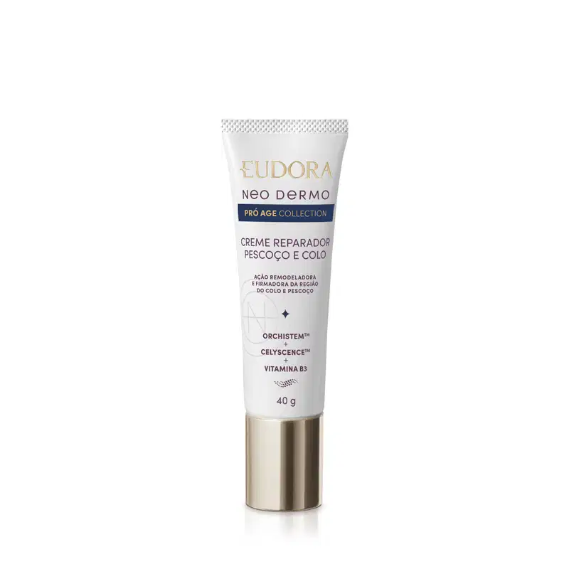 Creme reparador de pescoço e colo da linha Neo Dermo da Eudora, em embalagem branca de 40g tipo bisnaga, com tampa dourada na parte inferior e rótulo com detalhes dourados e azul marinho descrevendo ter Orchistem, Celyscence e vitamina B3.