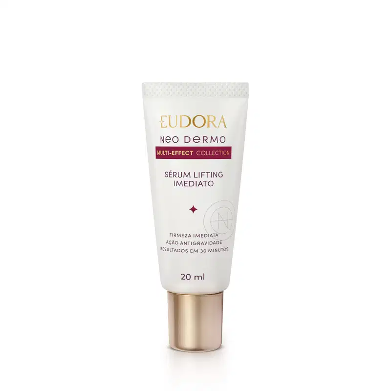 Tubo de 20 ml do sérum lifting imediato da linha Neo Dermo da Eudora, com embalagem branca, tampa dourada na parte inferior. Rótulo em dourado e vermelho, apresentando informações sobre a ação anti-idade e firmeza imediata do produto.