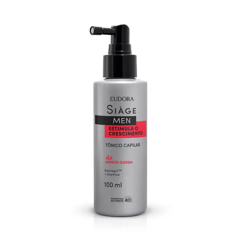 Frasco de tônico capilar Siàge Men, com 100 ml, em embalagem cinza e preta, com rótulo indicando que o produto estimula o crescimento capilar e contém baicapil e biotina.