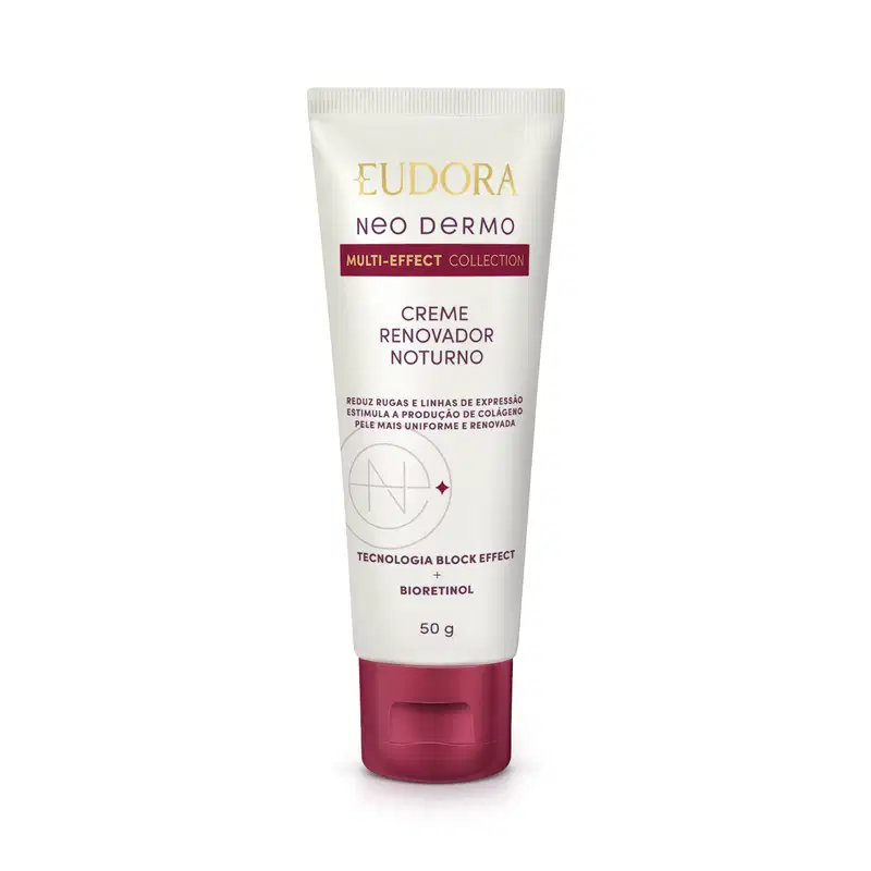 Embalagem tubo do Creme renovador noturno da linha Neo Dermo da Eudora, em de 50g. Tampa dourada na parte inferior, rótulo com design dourado e vermelho no fundo branco, destacando tecnologia Block Effect e bioretinol.