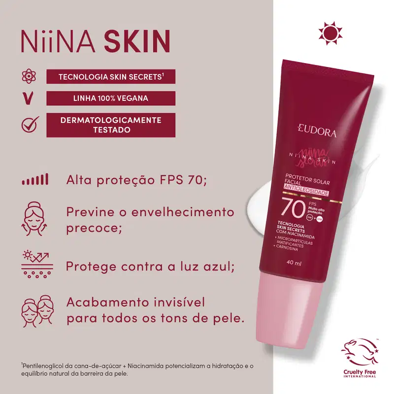 Protetor Solar Facial Antioleosidade FPS 70 Niina Skin 40ml