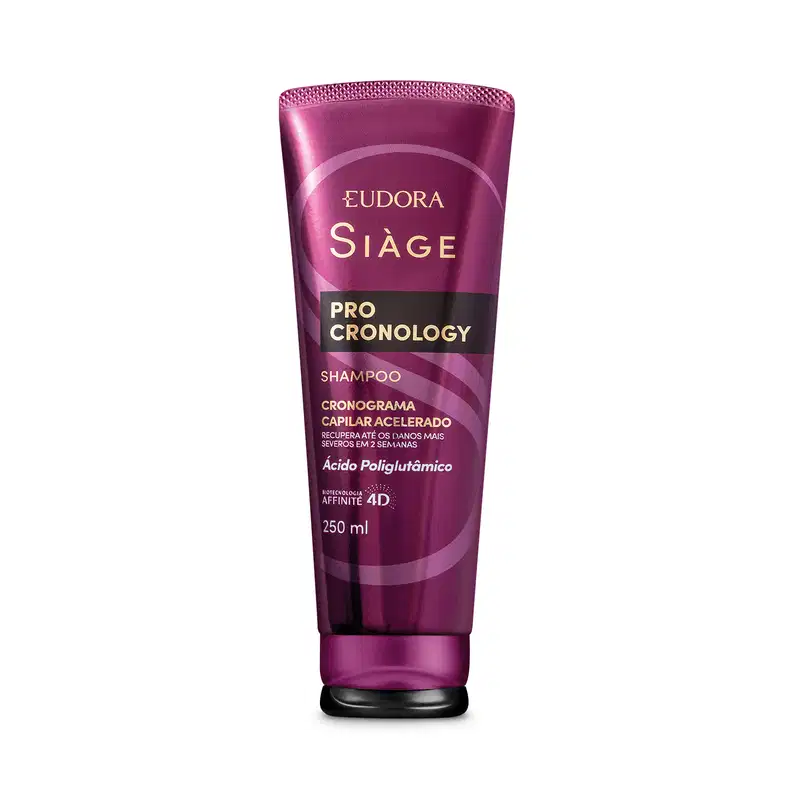 Frasco de shampoo Siàge Pro Cronology, com embalagem roxa e detalhes dourados, contendo 250 ml do produto. O rótulo destaca o nome da marca e a tecnologia "Cronograma Capilar Acelerado" com ácido poliglutâmico.