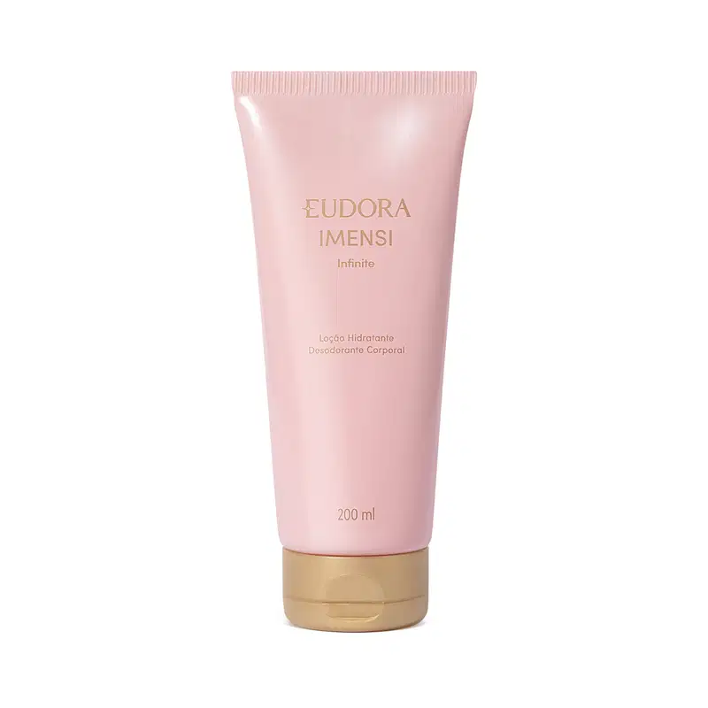 Embalagem plástica tubular rosa claro com tampa redonda dourada na base. Rótulo com o nome do produto e a marca Eudora em letras douradas. Volume de 200 ml indicado na embalagem.
