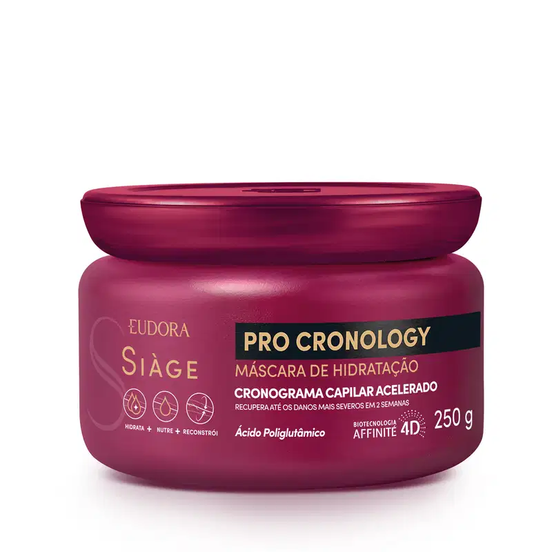 Pote de máscara de hidratação da linha Pro Cronology da Eudora Siàge, com embalagem de cor rosa escura e rótulo destacando o cronograma capilar acelerado e a tecnologia Affinity 4D.