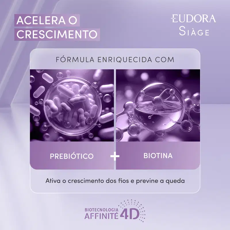 Card com imagem representativa da fórmula com prebiótico e biotina em ambiente predominantemente roxo, com elementos gráficos que destacam os ingredientes e a tecnologia Affinte 4D utilizada no produto.