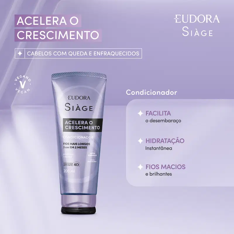 Card do produto em fundo roxo com as seguintes informações à direita: Acelera o crescimento. Cabelos com queda e enfraquecidos. Condicionador facilita o desembaraço, hidratação instantânea e fios macios e brilhantes.