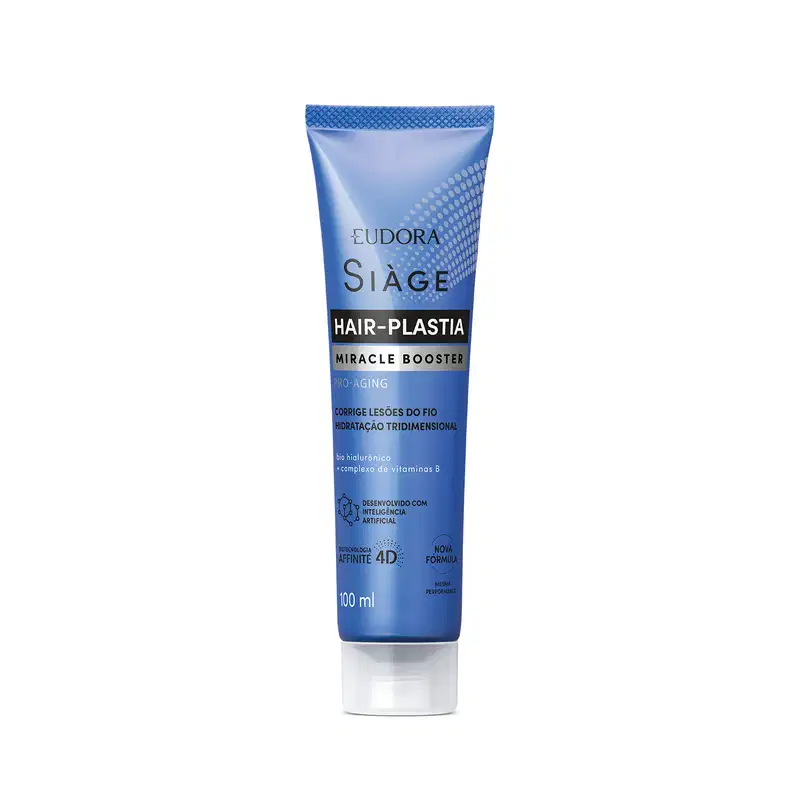 Tubo azul da linha Siàge Hair-Plastia, com rótulo destacando "Miracle Booster" e "Pro-Aging". Produto de 100 ml com tecnologia Affinity 4D e complexo de vitaminas B.
