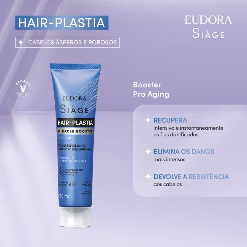 Imagem do tubo do Miracle Booster Pro-Aging seguido do texto: Hair-plastia recupera intensiva e instantaneamente os fios danificados, elimina os danos mais intensos e devolve a resistência aos cabelos.