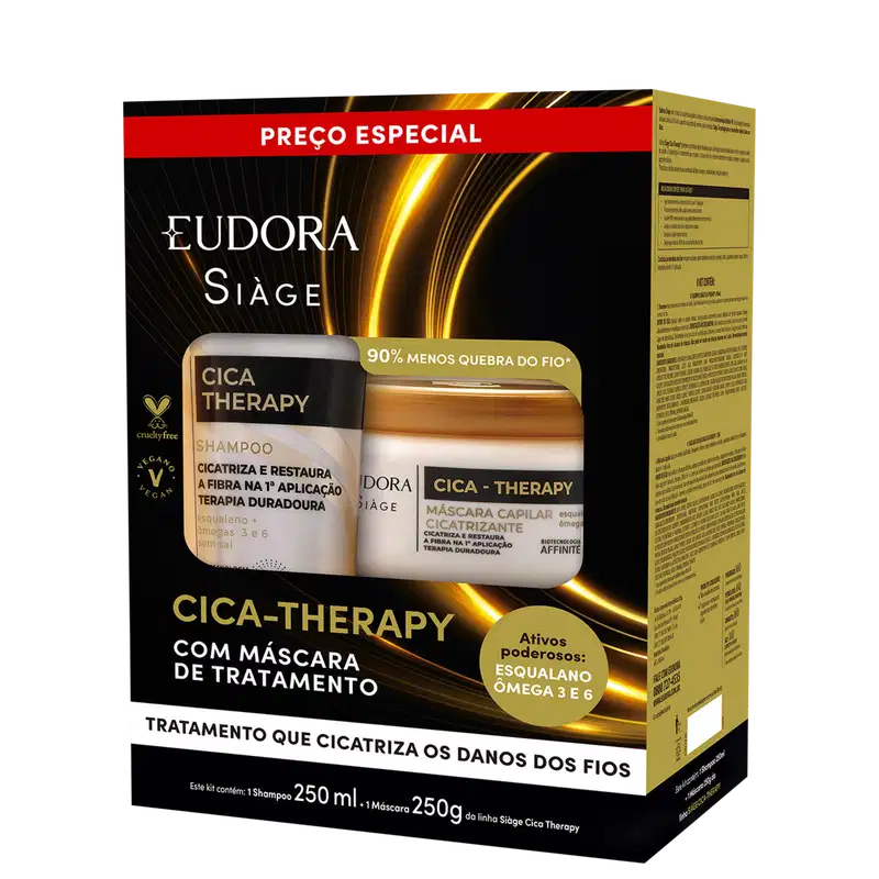 Caixa de produto de tratamento capilar Eudora Siàge Cica-Therapy, contendo shampoo de 250 ml e máscara capilar de 250 g, com destaque para os benefícios de cicatrização e restauração da fibra capilar.