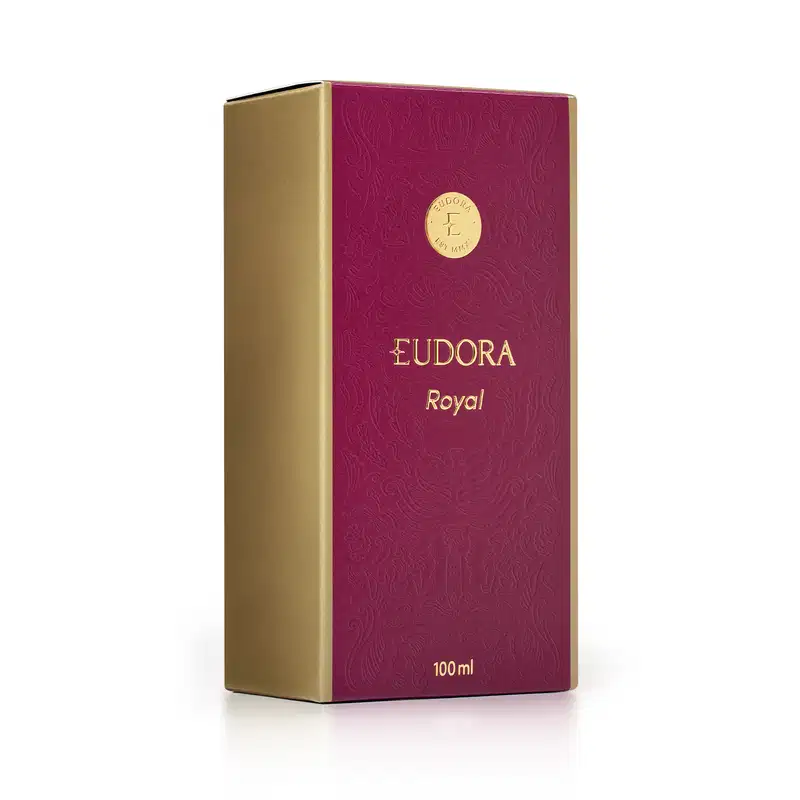 Caixa de Eudora Royal, com embalagem dourada e roxa, contendo 100 ml do produto. O rótulo apresenta o nome da marca em destaque e a palavra "Royal" em letras douradas.
