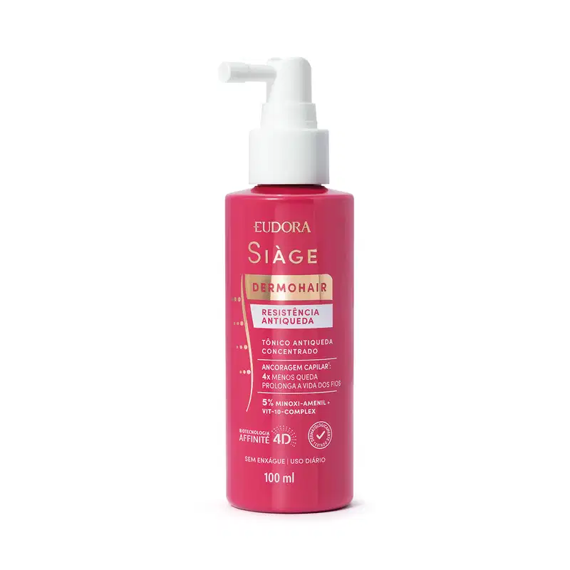 Produto de tratamento capilar da linha Siàge DermoHair da marca Eudora. Frasco plástico na cor rosa vibrante com detalhes em branco. Indicado para resistência antiqueda, ancoragem capilar e prolongar vida dos fios. Embalagem de 100ml, sem enxágue,