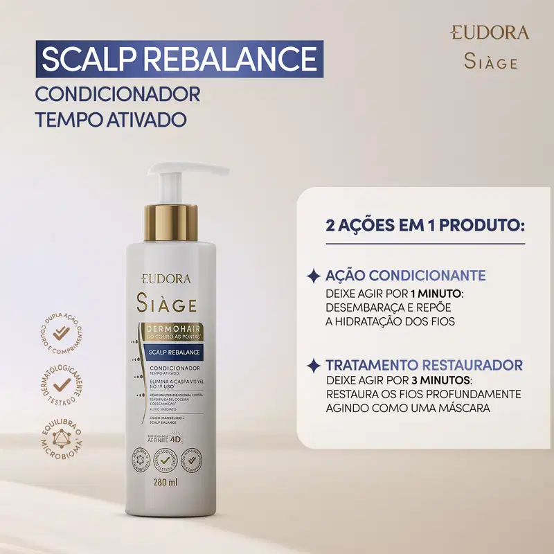 Card do condicionador scalp rebalance, à esquerda, a embalgem, à direita as informações: ação condicionante para deixar os fios hidratados por 1 minuto, e tratamento restaurador para agir como uma máscara por 3 minutos, restaurando profundamente os