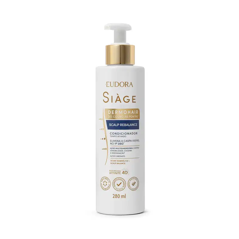 Condicionador Eudora Siàge Dermohair Scalp Rebalance. Embalagem plástica branca com detalhes dourados. Frasco com bomba dosadora branca e tampa dourada. Contém 280ml.