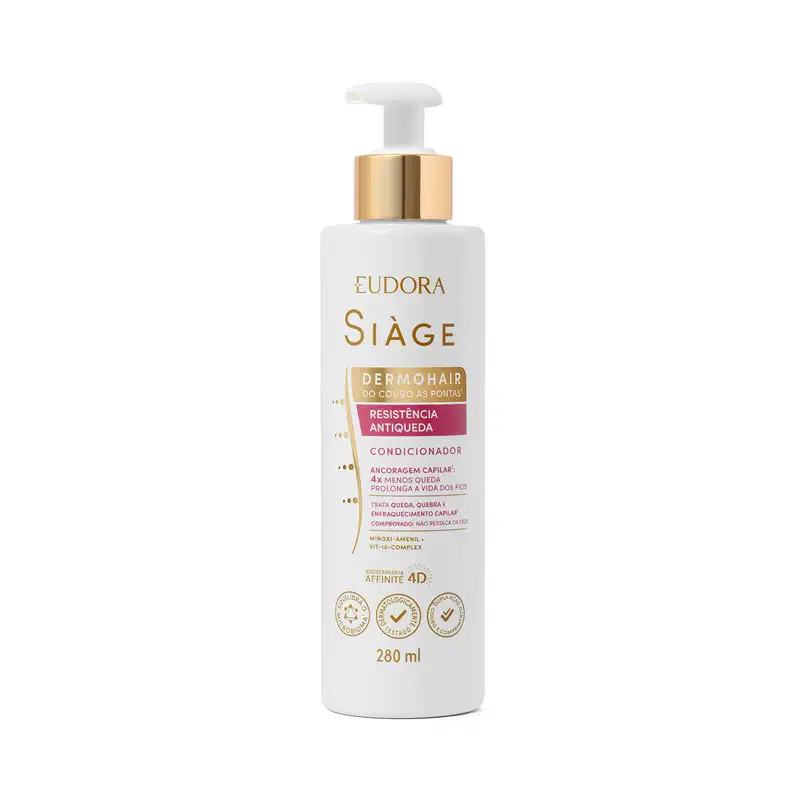 Condicionador Eudora Siàge Dermohair. Embalagem plástica branca com detalhes dourados. Contém 280ml. Bomba dosadora branca com acabamento dourado.