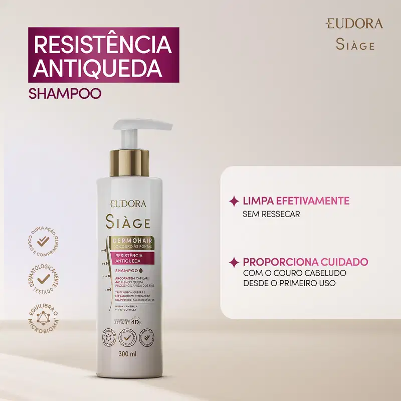embalagem de shampoo para resistência antiqueda em fundo neutro, com texto dizendo: Resistência antiqueda shampoo. Limpa efetivamente sem ressecar. Proporciona cuidado com o couro cabeludo desde o primeiro uso.