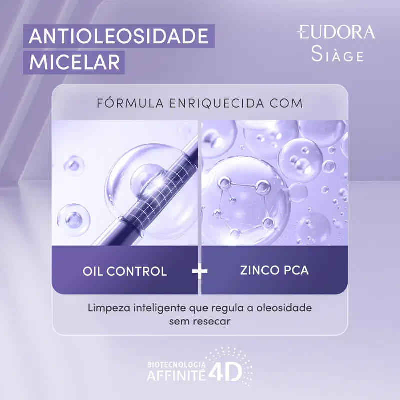 Fórmula enriquecida com "Oil Control" e "Zinco PCA". O texto destaca que o produto realiza uma "limpeza inteligente que regula a oleosidade sem resecar".