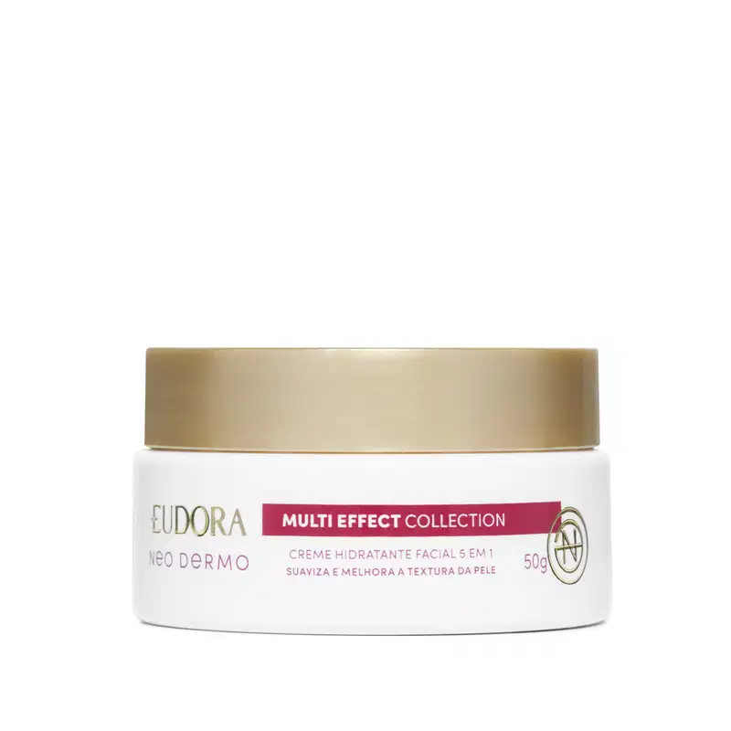 Embalagem em pote do Creme hidratante facial 5 em 1 da linha Multi Effect Collection da Eudora Neo Dermo. Embalagem branca, redonda, tampa de rosquear dourada na parte superior. Rótulo em tons de vermelho e dourado.
