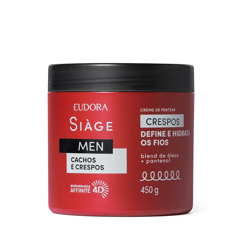 A imagem mostra um pote vermelho de creme de pentear crespos da linha Siàge Men da marca Eudora com capacidade de 450ml. O frasco tem os escritos em prateado com destaque para a biotecnologia Affinité 4D utilizada na formulação