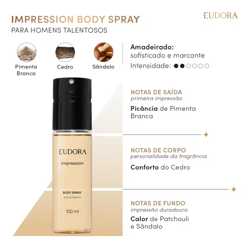 Card de perfumaria Impression Body Spray. Amadeirado, sofisticado e marcante. Notas de saída: picância de pimenta branca. Notas de corpo: conforto do cedro. Notas de fundo: calor de patchouli e sândalo.
