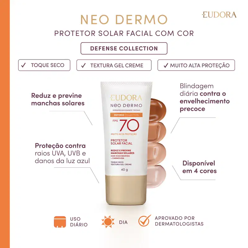 Protetor Solar Facial com Cor Eudora Neo Dermo FPS 70 COR 4 40ml