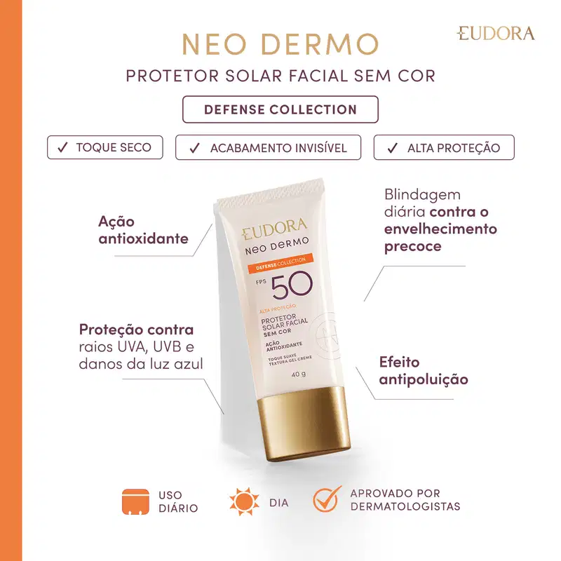 Card do produto Protetor Solar linha Neo Dermo da marca Eudora. O produto está centralizado com os claims ao redor: Ação antioxidante; Proteção contra raios UVA, UVB e luz azul; Blindagem contra envelhecimento precoce; Efeito antipoluição.