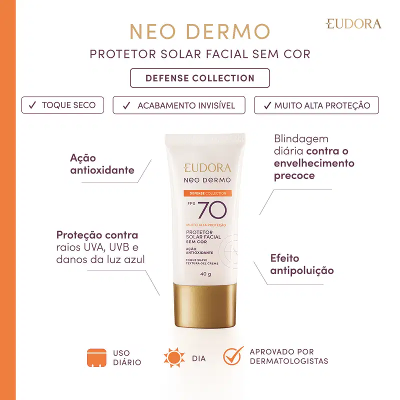 Card do produto Protetor Solar linha Neo Dermo da marca Eudora. O produto está centralizado com os claims ao redor: Ação antioxidante; Proteção contra raios UVA, UVB e luz azul; Blindagem contra envelhecimento precoce; Efeito antipoluição.