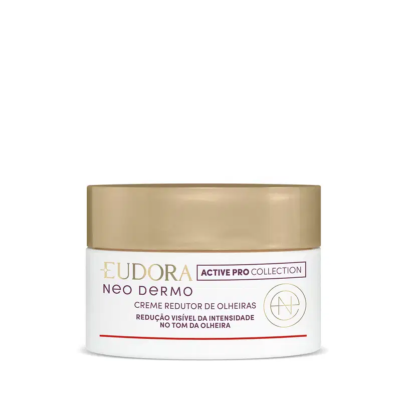 Embalagem topo pote do Creme redutor de olheiras da linha Neo Dermo da Eudora. Embalagem branca, redonda com tampa de rosquear dourada, rótulo em tons dourados no fundo branco com informações sobre a redução visível da intensidade das olheiras.