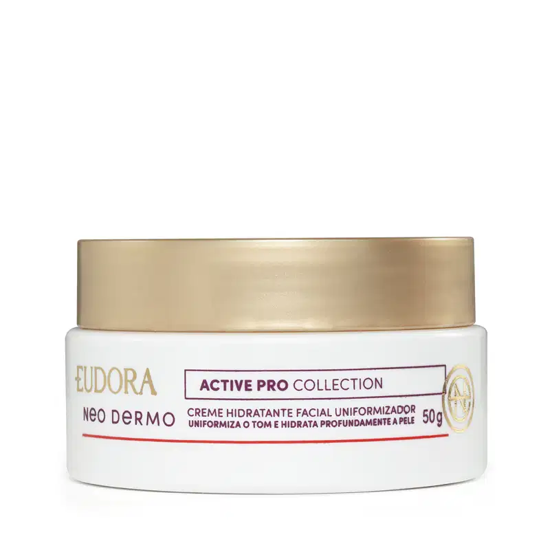 Embalagem tipo pote do Creme hidratante facial uniformizado. embalagem branca, redonda, com tampa de rosquear na cor dourada, rótulo em tons de dourado, bordô e vermelho em fundo branco, 50g do produto.