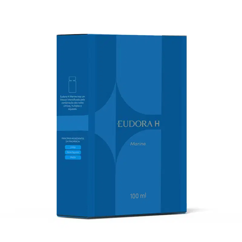 Caixa retangular, toda em azul da linha Eudora H Marine, contendo um frasco de 100 ml. A embalagem apresenta informações sobre os principais ingredientes e características do produto.