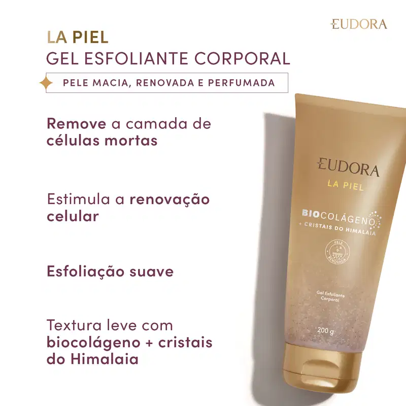 Gel esfoliante corporal La Piel que remove a camada de células mortas, estimula a renovação celular e possui textura leve com biocolageno e cristais do Himalaia.