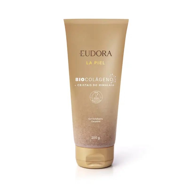 Tubo de gel esfoliante corporal da marca Eudora, da linha La Piel, com ingredientes de biocolageno e cristais do Himalaia, em embalagem bege e dourada.