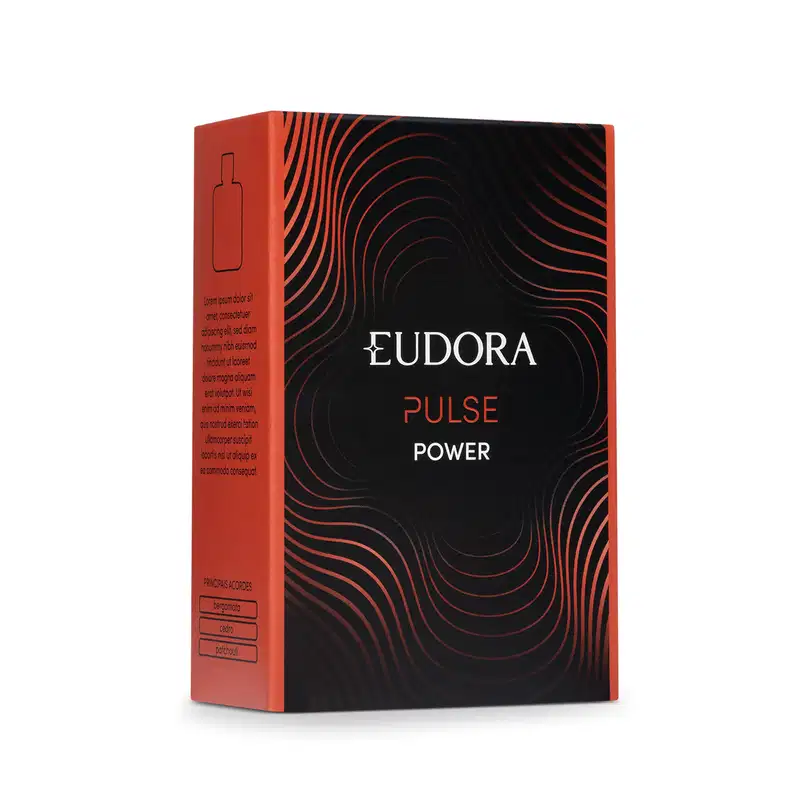 Embalagem do produto com um design gráfico preto e vermelho. O design da caixa possui linhas onduladas e curvas em tons de preto e vermelho, criando um padrão gráfico dinâmico.