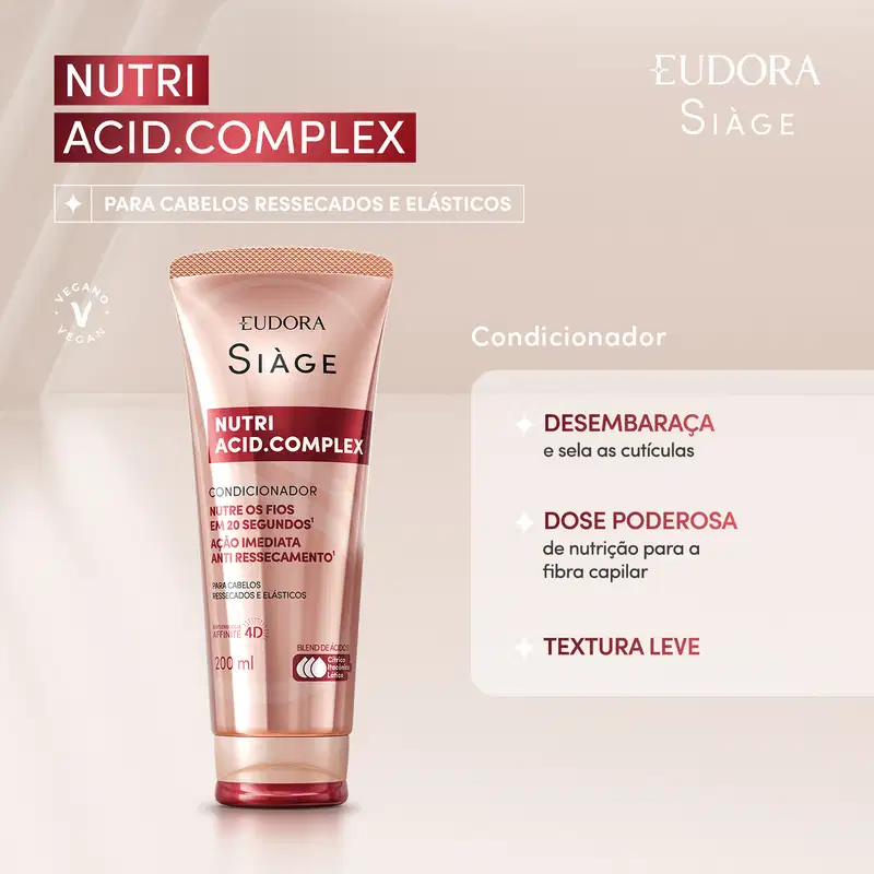 Card do produto com as informações ao lado da imagem da embalagem: Condicionador Nutri Acid.Complex: Desembaraça e sela as cutículas, dose poderosa de nutrição para a fibra capilar, textura leve.