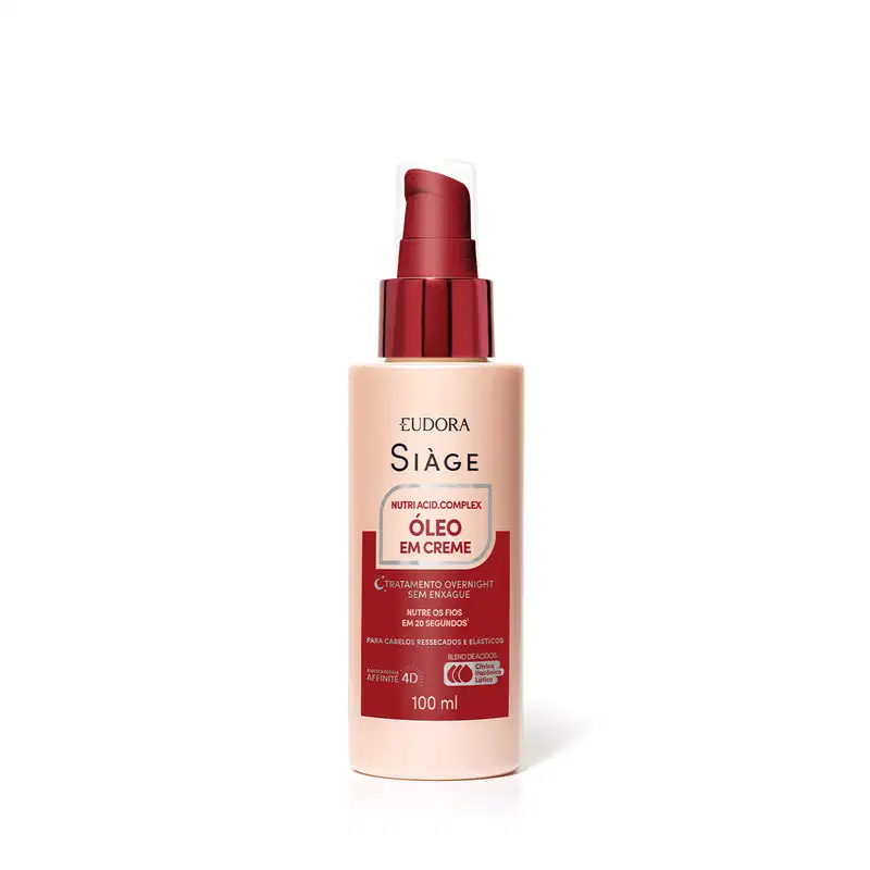 Frasco de creme Siàge Nutri Acid Complex Óleo em Creme, com embalagem tipo pump, vermelha e branca, contendo 100 ml do produto. O rótulo destaca o tratamento overnight sem enxágue para cabelos ressecados e elásticos.