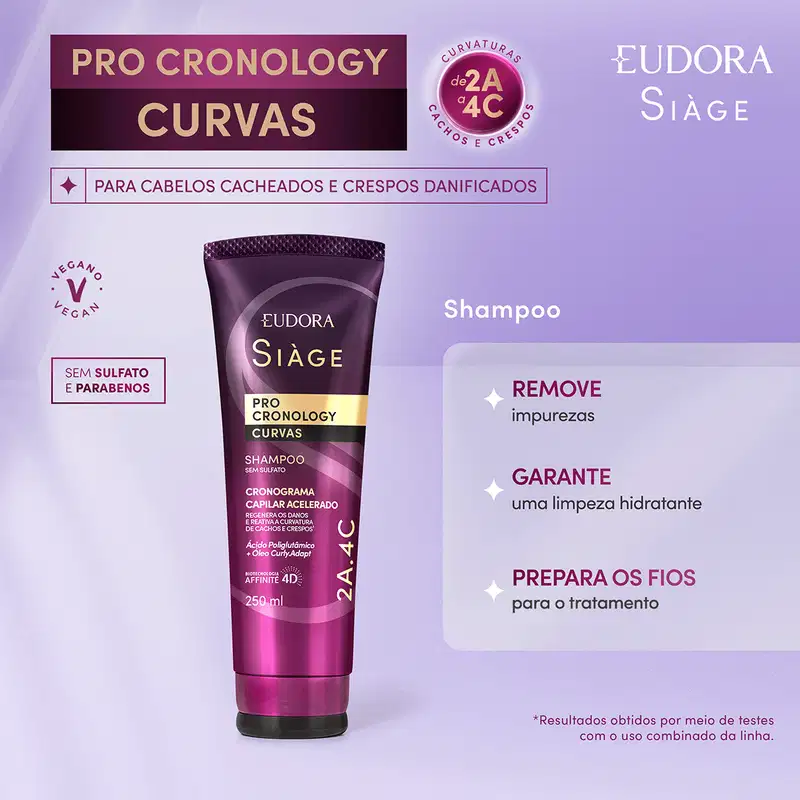 Card do produto Shampoo da linha Pro Cronology da marca Eudora Siàge. Ao lado do produto, os dizeres: remove impurezas; garante uma limpeza hidratante; prepara os fios para o tratamento.