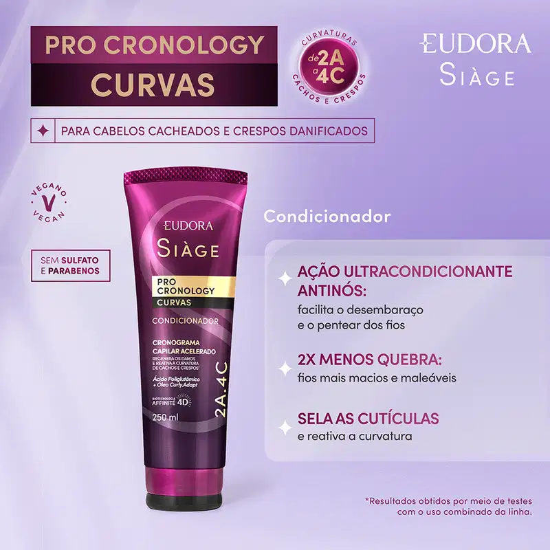 Card do produto Condicionador da linha Pro Cronology da marca Eudora Siàge. Ao lado do produto, os dizeres: ação ultracondicionante antinós: facilita o desembaraço; 2x menos quebra: fios mais macios e maleáveis; sela as cutículas e reativa a curvatura.