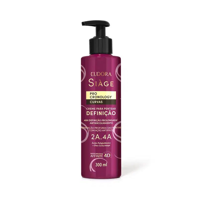 O produto apresentado é um Creme para Pentear - Definição da linha Siàge Pro Cronology Curvas. A embalagem é um frasco plástico de cor rosa escuro com um rótulo. Possui um aplicador tipo bomba para facilitar a aplicação do produto.