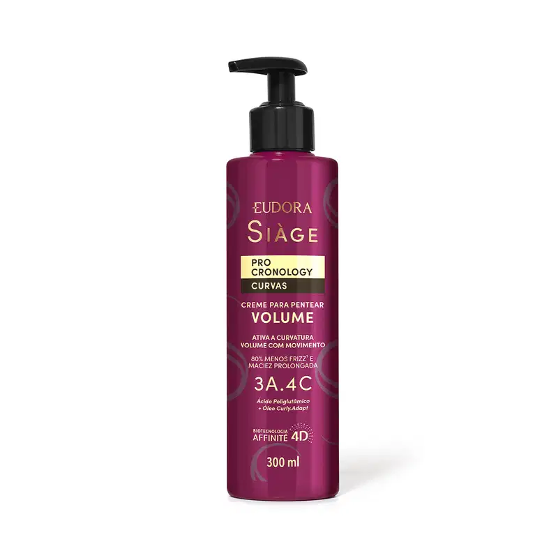 O produto apresentado é um Creme para Pentear - Volume da linha Siàge Pro Cronology Curvas. A embalagem é um frasco plástico de cor rosa escuro com um rótulo. Possui um aplicador tipo bomba para facilitar a aplicação do produto.