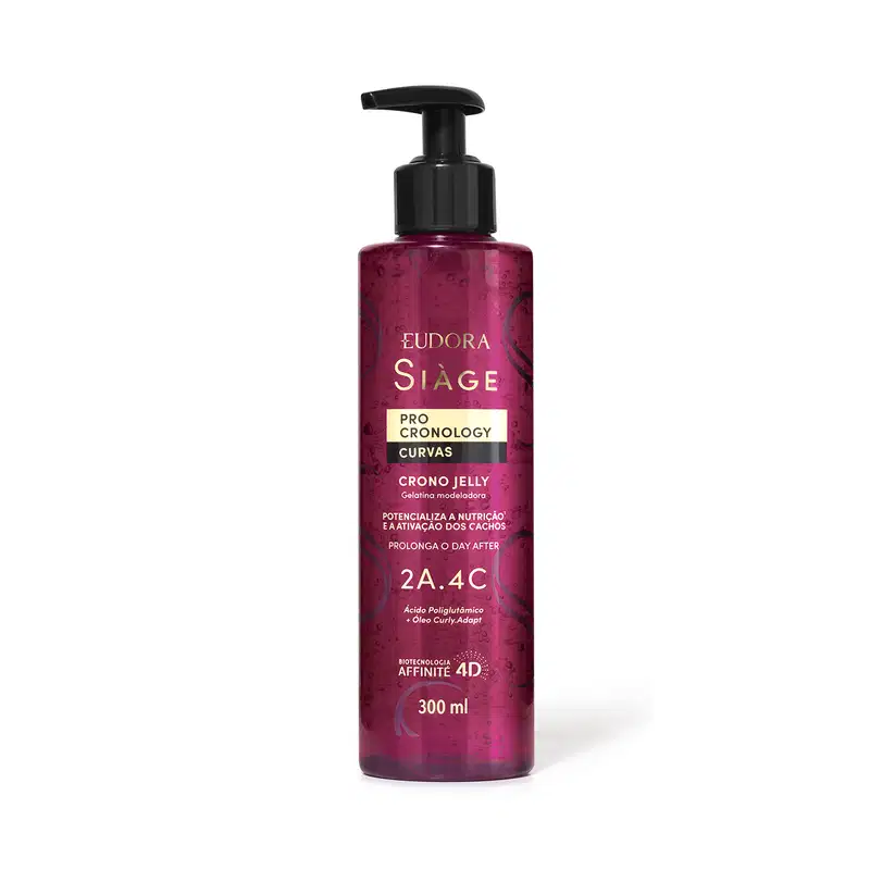 O produto apresentado é o Finalizador Crono Jelly da linha Siàge Pro Cronology Curvas. A embalagem é um frasco plástico de cor rosa escuro com um rótulo. Possui um aplicador tipo bomba para facilitar a aplicação do produto.