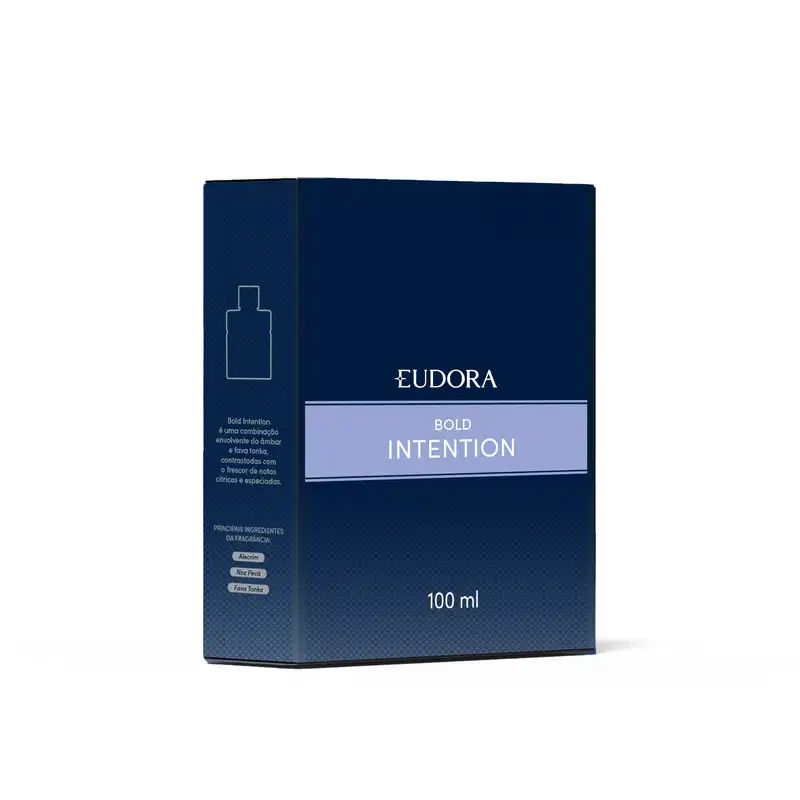 A embalagem é uma caixa de cor azul escura, com detalhes em cinza claro. O frasco possui um design simples e elegante, com uma forma retangular. O tamanho do produto indicado na embalagem é de 100 ml.
