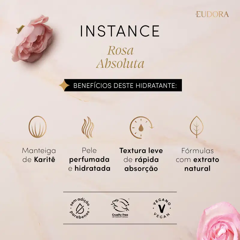 O texto destaca os benefícios do produto, como a textura leve de rápida absorção, a fórmula com manteiga de karité e extrato natural. Também são exibidos ícones representando as características do produto, como pele perfumada e hidratada.