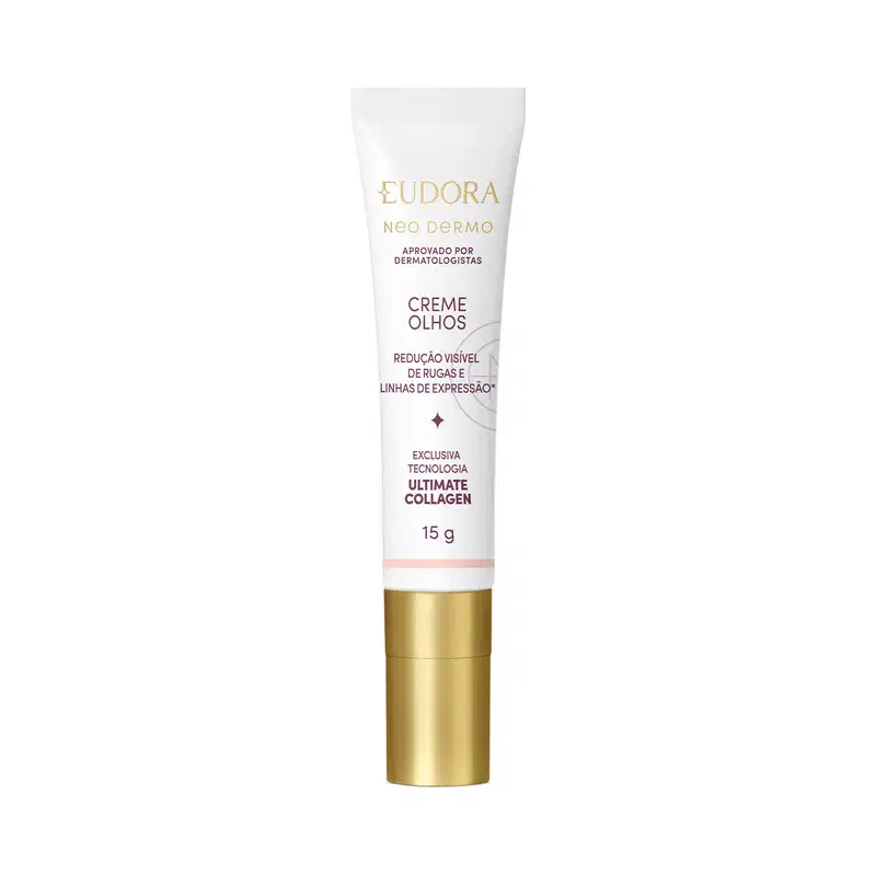 O produto apresentado é um creme para os olhos da linha Neo Dermo da marca Eudora. A embalagem é um tubo branco com detalhes dourados, contendo 15 g do produto.