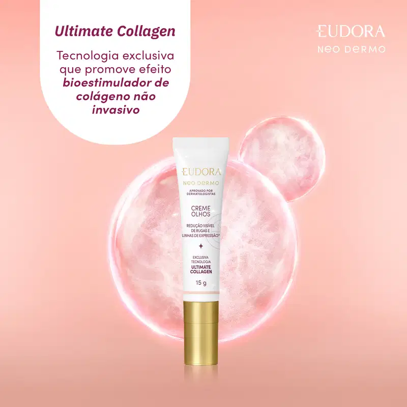 O Creme para Olhos está no centro da imagem, que mostra umas bolhas atrás. Acima, temos escrito: Ultimate Collagen, tecnologia exclusiva que promove efeito bioestimulador de colágeno não invasivo.