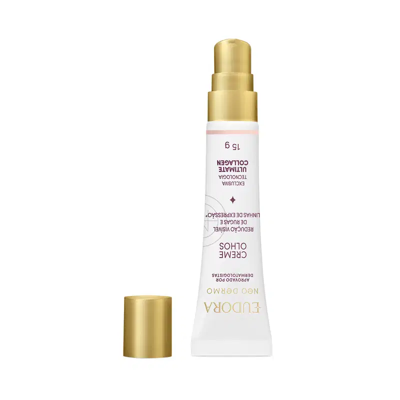 O produto apresentado é um creme para olhos da marca Neo Dermo, em um frasco de plástico branco com tampa dourada. O frasco possui um design cilíndrico e uma bomba de aplicação na parte superior.