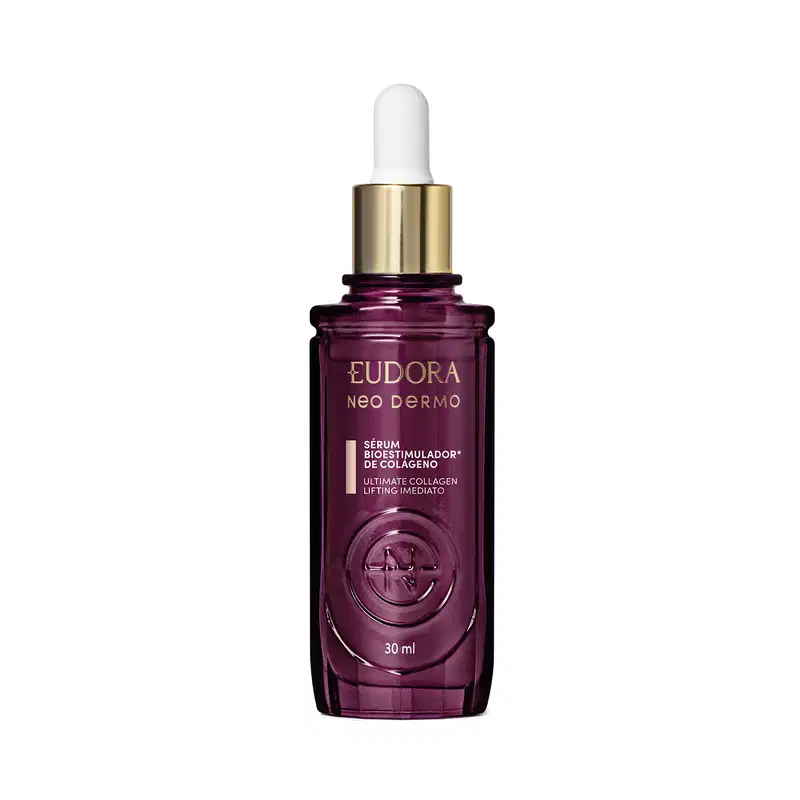 O produto apresentado é um sérum bioestimulador de colágeno da linha Neo Dermo da marca Eudora. O frasco possui um conta-gotas dourado na tampa. A embalagem é de cor roxa escura, com o nome da marca e do produto em destaque.